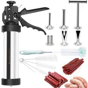 1.57 LB Large Capacity Jerky Gun Kits, Stainless Steel Jerky Shooter Cannon, Beef Stick Gun, Beef Deer Jerky Maker, Meat Gun, Sausage Stuffer with 5 Nozzles 5 Brushes 1 Meat Pusher, Gift for Women Mom
