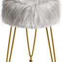 IBUYKE Faux Fur Vanity Stool Chair, Furry Makeup Stool Ottoman, Soft Padded Seat, Round Footrest Footstools with 4 Metal Legs, for Living Room Bedroom Entryway, Gray LG-32G