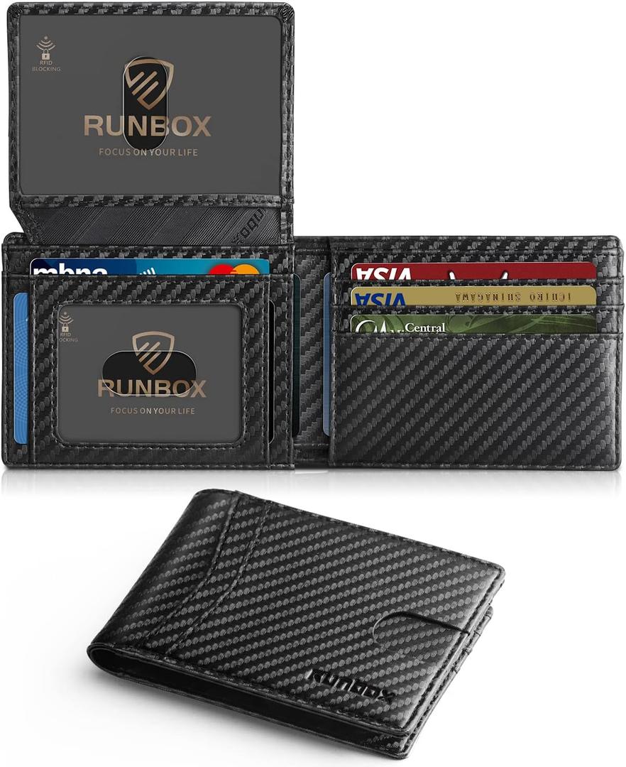 RUNBOX Wallet for Men Slim Rfid Leather 2 ID Window With Gift Box (Carbon Black-15 slots)
