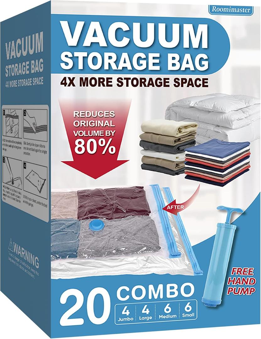 Roomimaster Vacuum Storage Bags, Vacuum Seal Space Saver Bags for Clothing, Travel Lugggage, Carry-on, Blankets, Comforters, Pillow, Bedding, 20 Combo