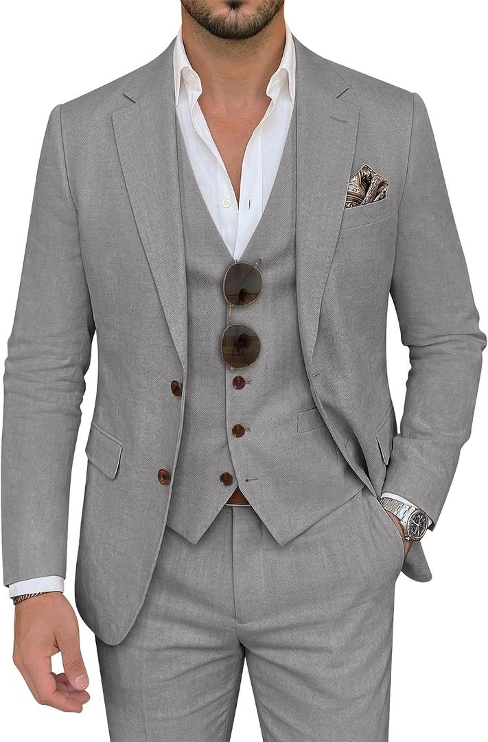 Men's Suit 3 Piece Linen Suits Slim Fit Suit Blazer Vest Pants Set Wedding Prom Tuxedos Business Casual Suit (Gray, XL)