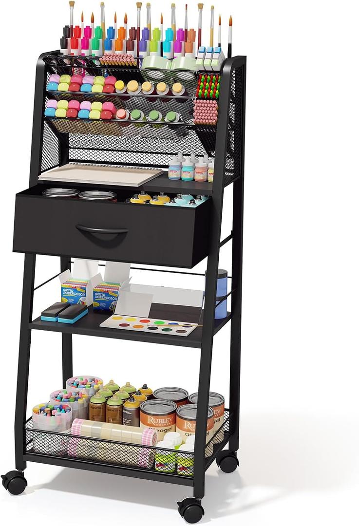 3 Tier Rolling Cart - Metal Utility Cart with Storage Drawer and Wheels, Versatile Art & Craft Organizer for Home, Office, or Studio - Ideal for Storing Brushes, Paints, and SuppliesBlack