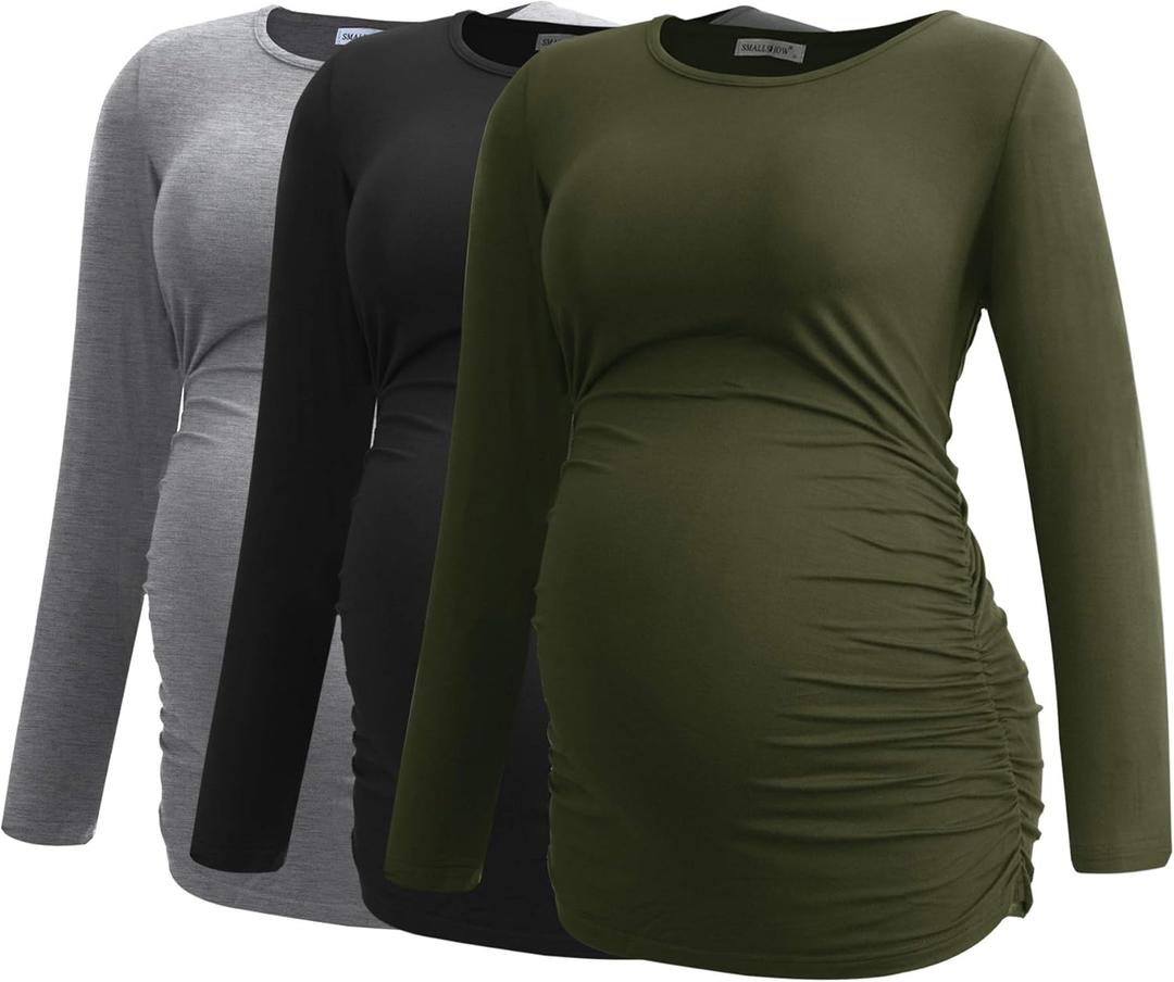 Smallshow Women's Maternity Shirts Long Sleeve Pregnancy Clothes Tops 3-Pack (Large, Black/Light Grey/Army Green)