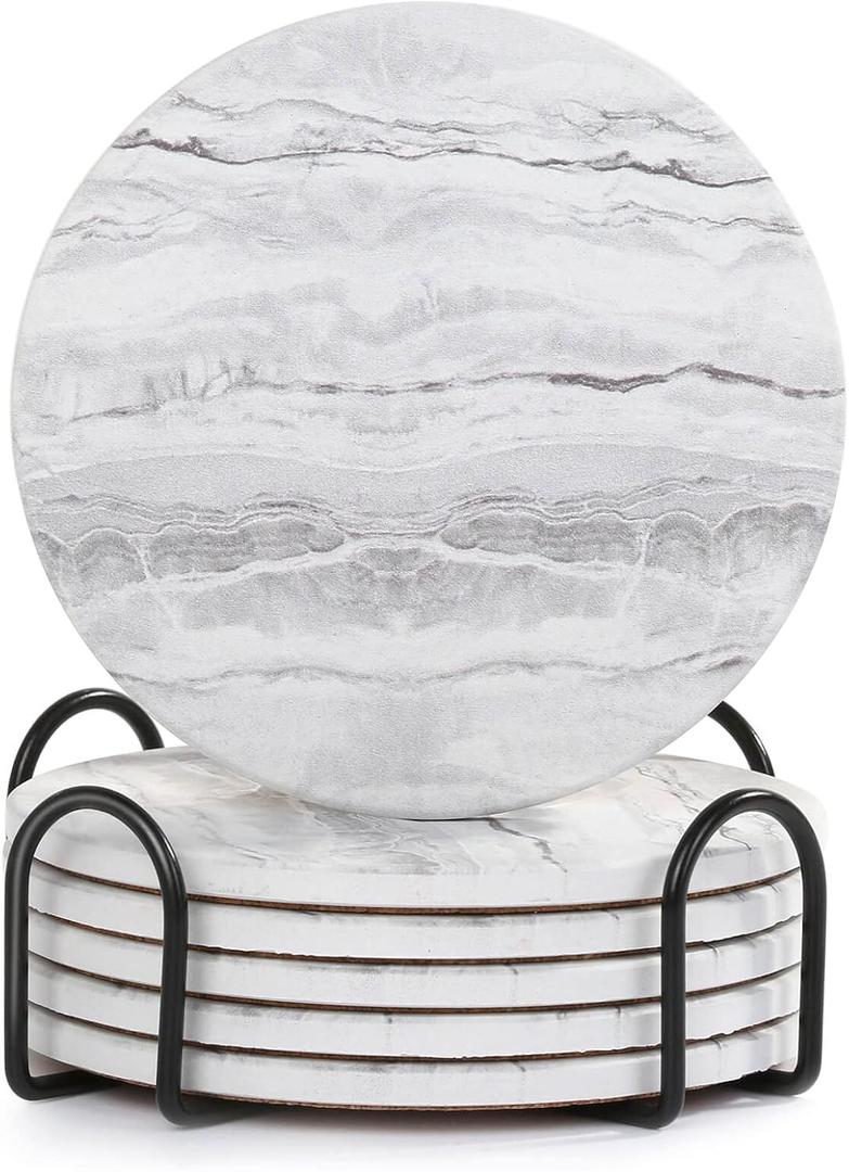 Acejoz Drink Coasters with Holder for Coffee Table, Absorbent Coaster Set of 6, Marble Style Ceramic Coaster for Wooden Table, Suitable for Kinds of Cups, Home Decor, 4 Inches