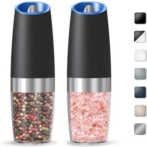 Gravity Electric Salt And Pepper Grinder Set, Automatic Salt And Pepper Grinder Set, Battery Powered (6 AAA Batteries Each), Adjustable Roughness, LED Light, 2 Pack, (Black)