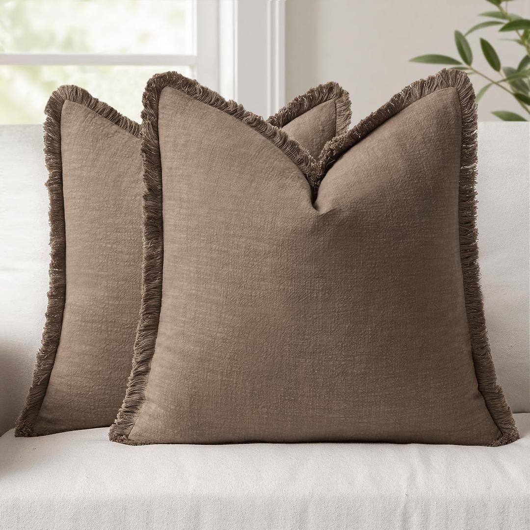ANRODUO Set of 2 Decorative Throw Pillow Covers 2424 Inch Soft Linen Fringe Farmhouse Boho Vintage Cushion Covers with Tassels Accent Pillowcase for Couch Sofa Bed Living Room Home Decor Cocoa Brown