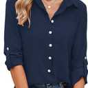 Odosalii Womens Button Down Shirts V Neck Rolled Up Long Sleeve Tops Elegant Dressy Blouses Business Casual Outfits (Blue, L)