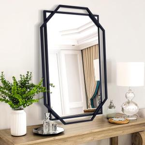 Black Bathroom Mirror, 36" x 24" Mirror Wall Decor with Modern Art Octagonal Metal Frame, for Living Room, Bedroom, Dining Room, Entryway