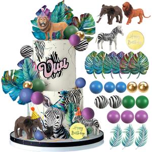 Safari Jungle Animal Cake Toppers with Mini Birthday Party Hats Balls Palm Leaves Lion Elephant Zebra for Wild Theme Birthday Oh Baby Safari Jungle Party Supplies