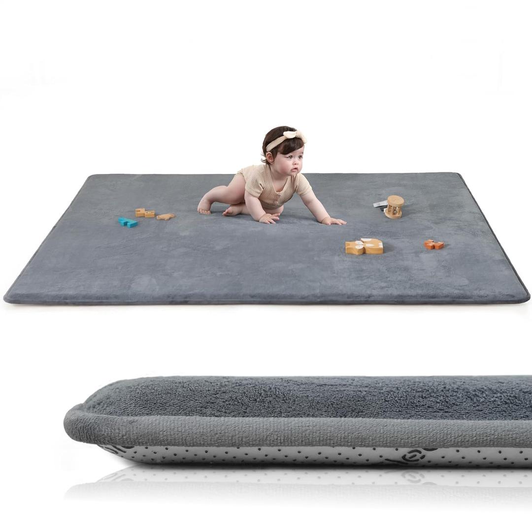 Huloo Sleep Baby Play Mat for Floor,1.3" Thick Elasti-Foam Large 59"71" Playpen Mat,Non-Toxic Certified Water-Repellent Coral Velvet, Non-Slip Safe Crawling Mat for Tummy Time, Toddler & Infant (Dark Grey)