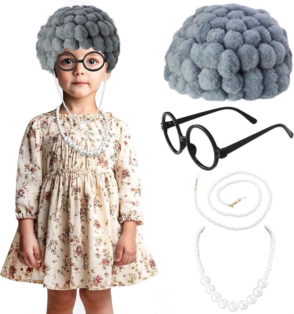 Kids Old Lady Costume Set Old Granny Wig Halloween100th Day Of School for Kids 3-8 (Gray)
