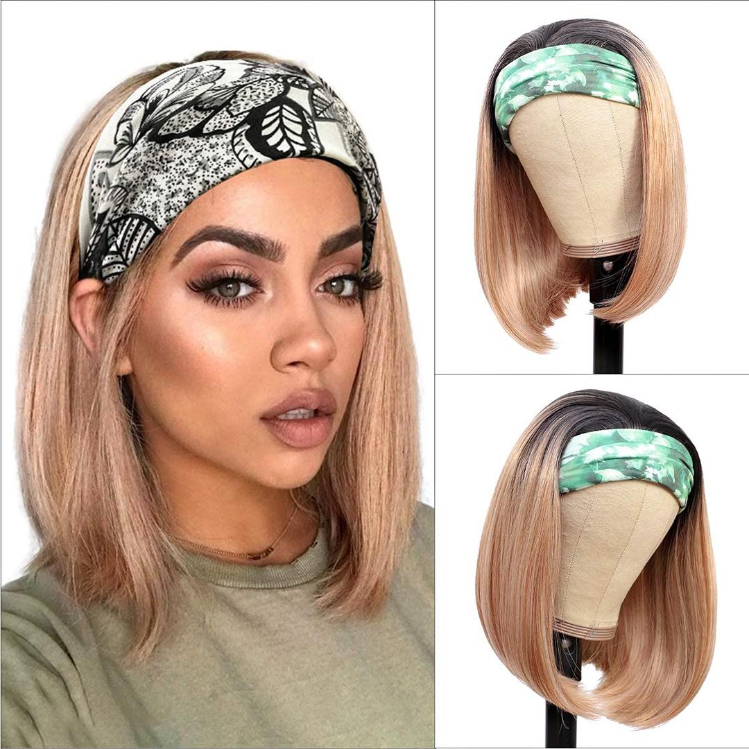 Headband Wigs for Black and White Women Blonde Wig Glueless Synthetic Short Bob Headband Wigs Heat Resistant Fiber 180% Density None Lace Colored Wigs for Cosplay Party and Daily Use (T1B/627) (12 Inch)