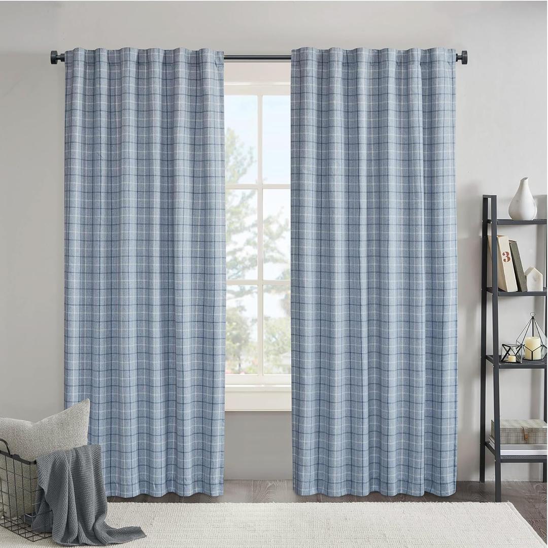 Madison Park Window Curtain for Living Room Thermal Insulated Fleece Lining, Cabin Plaid Curtain Room Darkening Window Drapes Bedroom, Anaheim, 1-Single Panel Pack, 50" x 95" Rod Pocket, Denim Blue