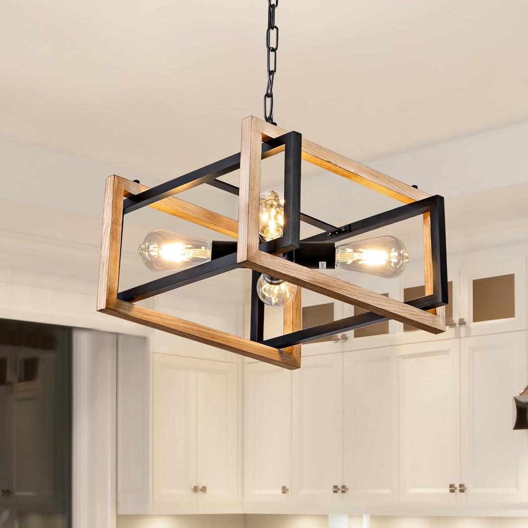 HuisMier Farmhouse Chandelier for Dining Room, 4-Light Rustic Black and Wood Dining Room Light Fixture, Industrial Wood Chandelier for Kitchen Island Entryway Foyer Bedroom Living Room (Oak White)