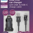 Phillips Dual USB Car Charger With USB A/USB C Charge Cable
