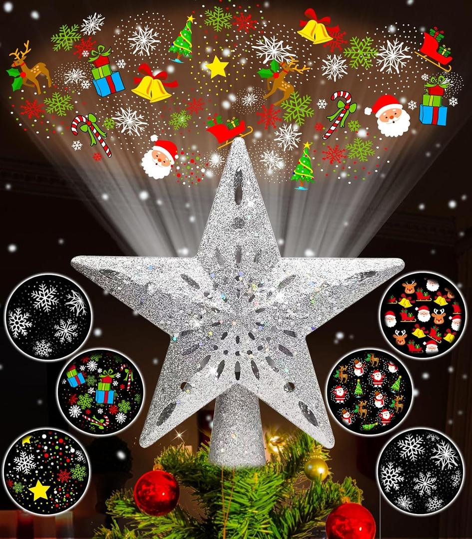 Wninbu Christmas Tree Topper Star Lighted with 6 Projection Modes, Christmas Star Tree Topper Projector Built-in LED Rotating Lights,3D Glitter Dynamic Projector Party Christmas Decorations (Silver)