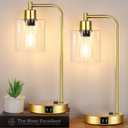 Industrial Touch Control Table Lamps Set of 2 - Gold Nightstand Bedside Lamps with 2 USB Ports & AC Outlet, 3-Way Dimmable Desk Lamp for Bedroom Living Room, Glass Shade & 2 LED Bulbs Included
