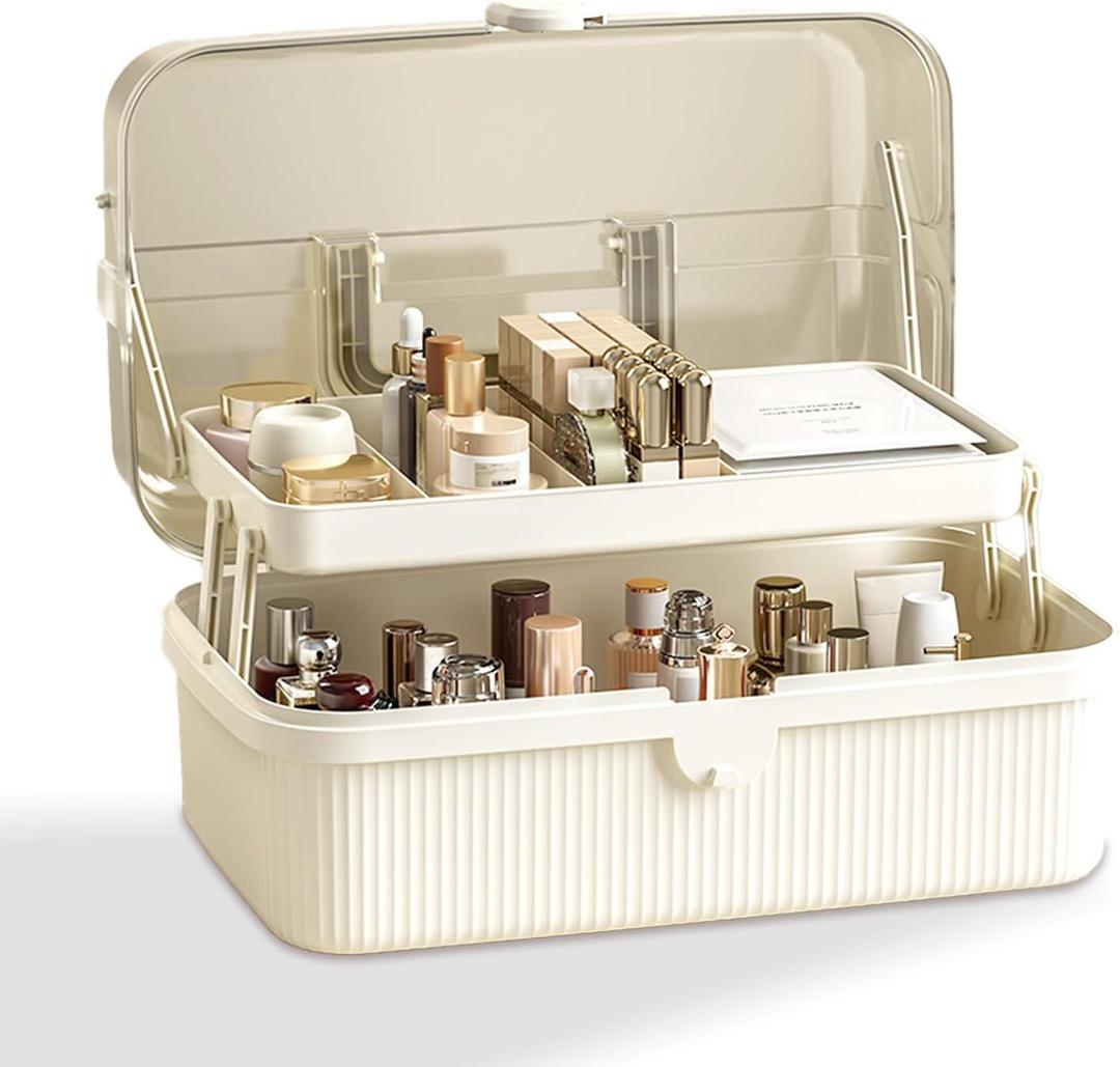 2-Tier Plastic Storage Organizer with Adjustable Dividers & Portable Handle  Stylish Multifunctional Case for Cosmetics, Crafts, Home Utility, Medicine, Sewing Essentials (Milk white)