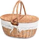 Small Picnic Basket with Removable Liner, Empty Basket for Kid with Lids, Picnic Hamper with Foldable Handles, Natural Color