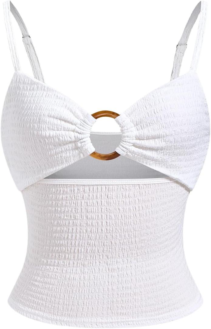 Women's Cut Out Ring Linked Camisole Top Ruched Deep V Neck Sleeveless Tops (White, S)