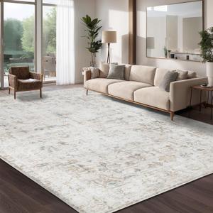 Washable 9×12 Area Rug for Living Room, Vintage Floral Rug Soft Non Slip Stain Resistant Boho Carpet for Indoor Bedroom Dinning Room Home Office Beige