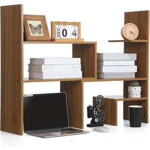 Briwooody Expandable Dorm Desk Dutch Adjustable Desktop Bookshelf Wooden Desktop Storage Organizer Bookcase Cubby Book Rack for College Dorm Home Office Furniture(Brown), 9.5 x 40 x 28 inch