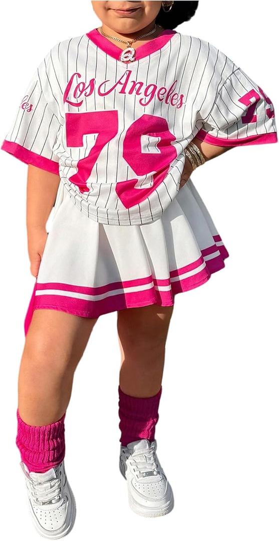 SOLY HUX Toddler Girl's Summer Clothes Jersey T Shirt with Skirts Sporty Cute 2 Piece Outfits (White and Pink)