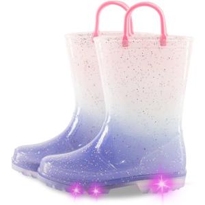 Kids Toddler Rain Boots for Girls Boys Light Up Waterproof Rain Shoes Patterns and Glitter Boot with Easy On Handles (2 Big Kid, Purple Gradient)