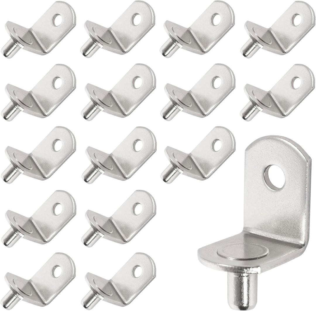 5mm Shelf Pegs L-Shaped Cabinet Support Pins Bracket Style Clips for Bookcase Kitchen Closet Shelves Holders,16 PCS Nickel Plated Silver