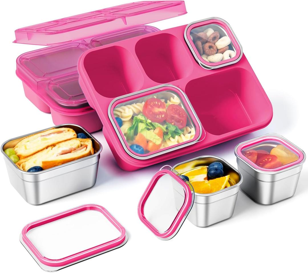 Freshmage Stainless Steel Snack Containers - 2 Pack, BPA-Free Lunch Bento Box with 5 Compartment, Reusable Food Storage Snackle Box for School, Work, and Travel, Dishwasher Safe (Pink)