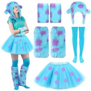 5 Pcs Halloween Blue Furry Monster Costume Accessories Set Purple Polka Dot Tutu Skirt Fur Leg Warmers Furry Gloves Monster Hats and Thigh-high Socks for Halloween Movie Character Cosplay Party
