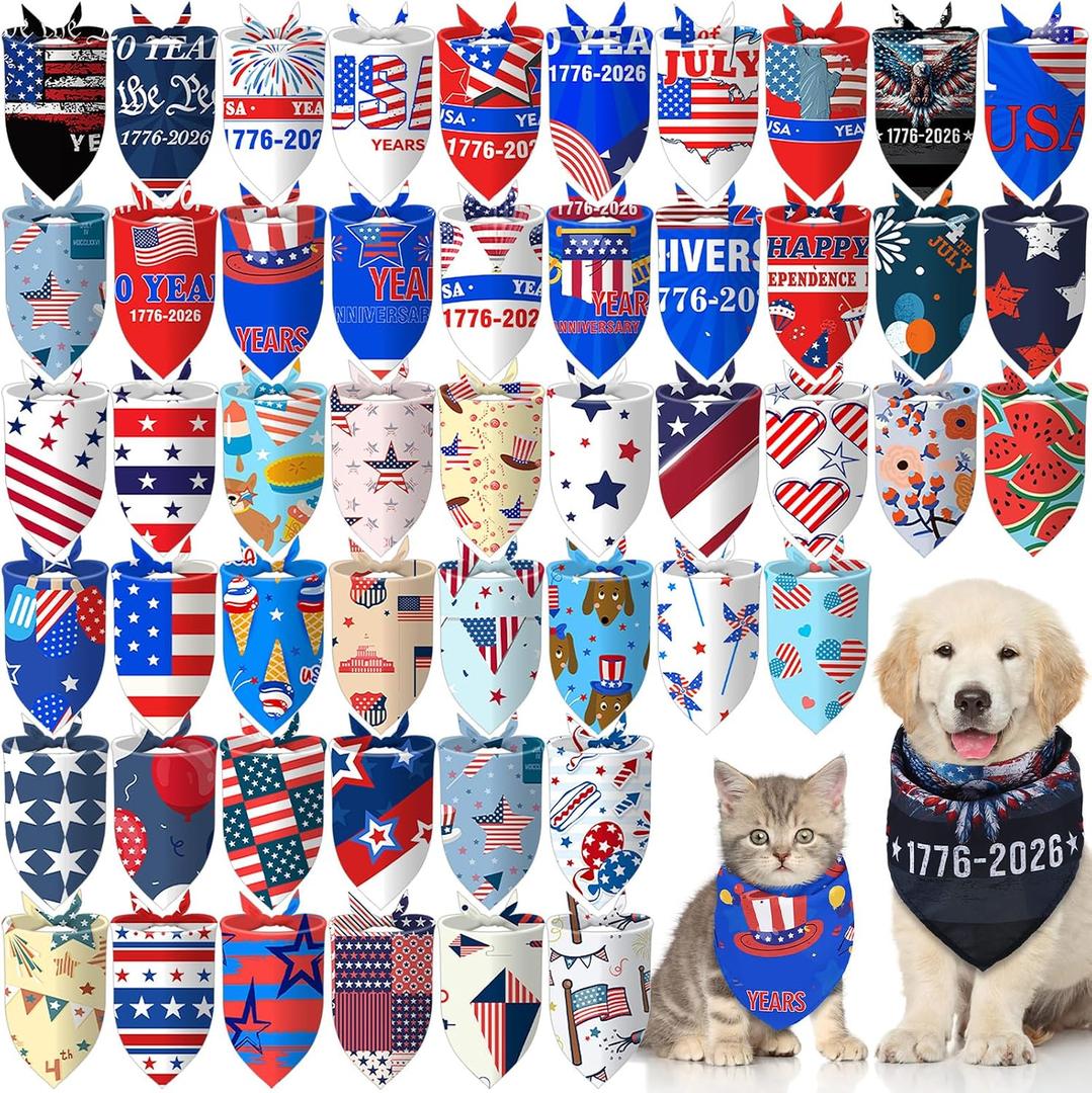 Huhumy 50 Pcs 4th of July Dog Bandanas 250th Anniversary Pet Bandanas Bulk Independence Day Triangle Pet Bibs Scarf for Medium Large Dog 4th of July 250th Festival Costume