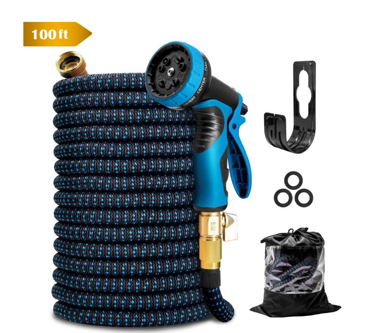 Kotto 100 ft Flexible Garden Hose, Water Hose for Outside with 10 Spray Nozzles, Brass Connector, Leak-Proof, Blue