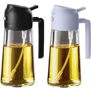 TrendPlain 16oz/470ml Glass Olive Oil Sprayer for Cooking - 2 in 1 Olive Oil Dispenser for Kitchen Gadgets, Air Fryer, Salad, and BBQ - Black & Periwinkle