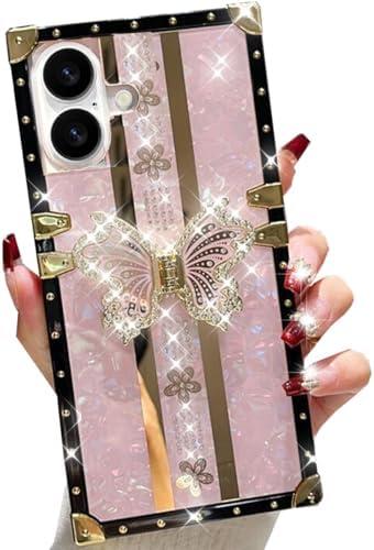 Changjia for iPhone 16 Plus Glitter Butterfly Stand Case,Cute Luxury Bling Sparkly Diamond with Foldable Kickstand Floral TPU Bumper Shockproof Protective Case for Women Girls for iPhone 16 Plus,Pink