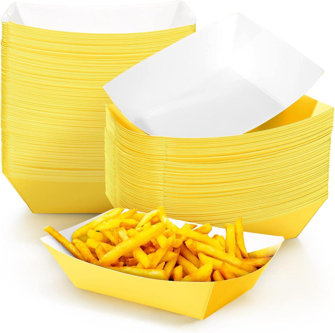 Yinkin 100 Pcs 2lb Paper Food Trays Boat 2lb Disposable Nacho Trays Kraft Paper Boat for Tacos Concession Easter Graduation Birthday Wedding Christmas Halloween Valentine Party Supplies(Yellow)