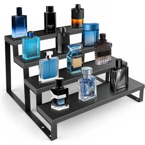 Wood Cologne Organizer for Men,12 Inch 4 Tier Cologne Stand Waterproof Perfume Organizer for Dresser with Anti-Slip Washers,Wooden Display Risers Stand for Party,Makeup,Figures,Cupcake,Perfume,Dessert