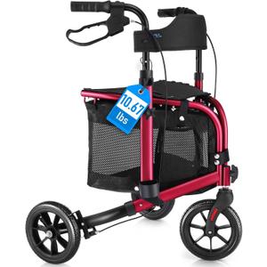 WALK MATE 3 Wheel Rollator Walker with Seat for Slim Seniors, Padded Backrest Lightweight Foldable Travel Walker Ideal for Elderly, 8 Inch Tri-Wheel Modern Mobility Walking Aid Aluminum, Red