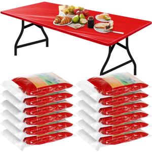 Boao 12 Pcs Plastic Table Cloths Disposable for Parties Picnic Table Covers with Elastic Fitted Elastic Desk Cover Rectangle Waterproof for Indoor, Outdoor, Picnic, Camping(8 Ft, 96 x 30 Inch,Red)