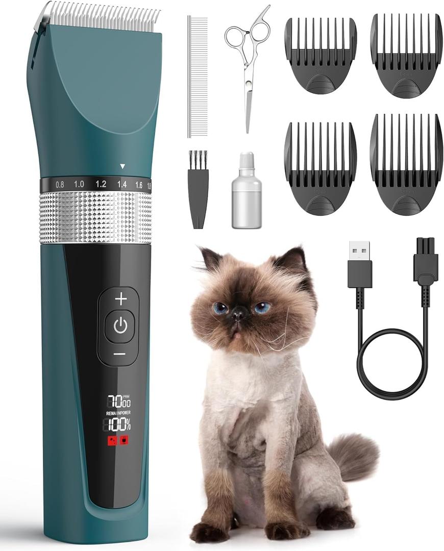 oneisall Cat Clippers for Matted Hair, 5-Speed Quiet Cat Grooming kit, Cordless Pet Shaver for Long Hair, Waterproof Pet Hair Trimmer, Pet Clippers for Cats(Green)