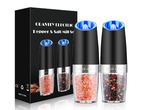 Sweet Alice Gravity Electric Pepper and Salt Grinder Set, Adjustable Coarseness, Battery Powered with LED Light, One Hand Automatic Operation, Dark Green - 2 Pack