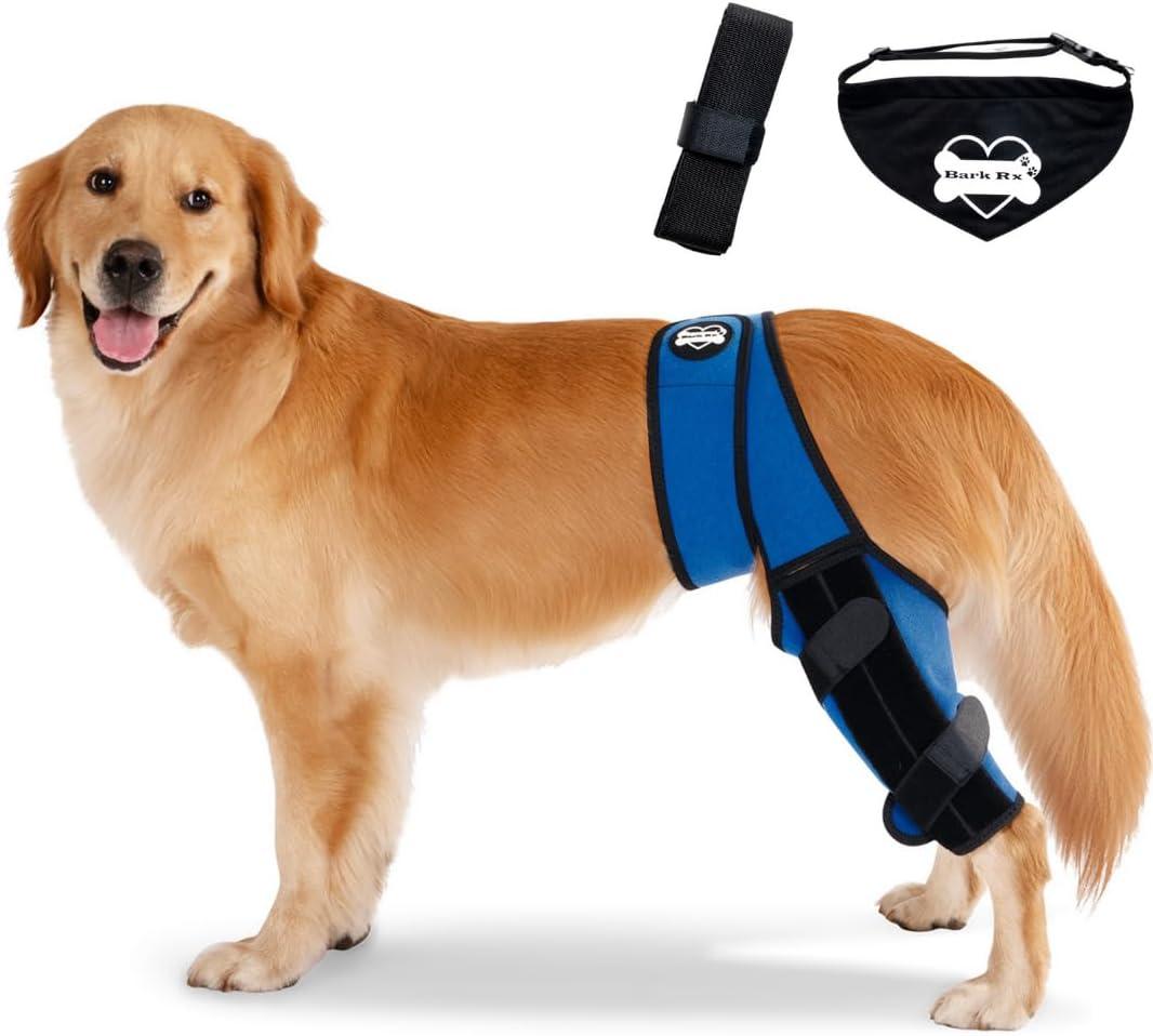Dog Knee Brace Hind Leg - Orthopedic Brace for Dogs - Integrated Support Strap for Canine Cruciate Ligament, Luxating Patella, Dislocation Injury - Includes Bandana Collar - Blue & Black