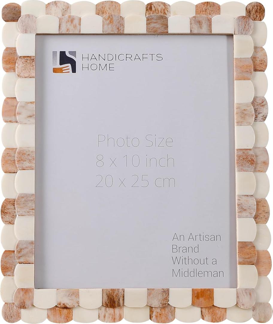 Handicrafts Home 8x10 Brown Picture Frame, Handmade Scallop pattern Bone inlay Photo Frame for Wall & Tabletop, Boho Farmhouse Home Decor, Gallery Wall & Desk Decor, Family Picture Frame Fall decor