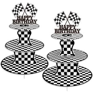 2 Pack Race Car Cupcake Stands Birthday Party Supplies, Two Fast Cars Decorations Truck Theme Favors - 3 Tier Cardboard Cup Cake Holder Tower