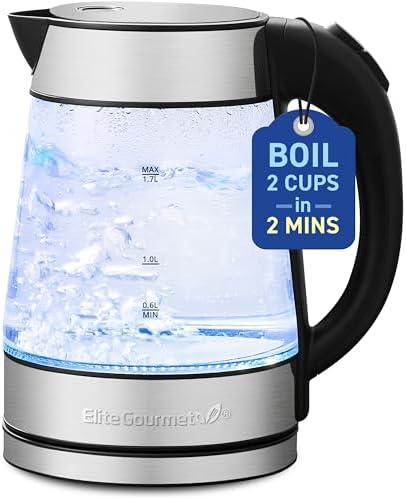 Elite Gourmet EKT-602 Electric BPA-Free Glass Kettle, Cordless 360° Base, Stylish Blue LED Interior, Handy Auto Shut-Off Function – Quickly Boil Water For Tea & More