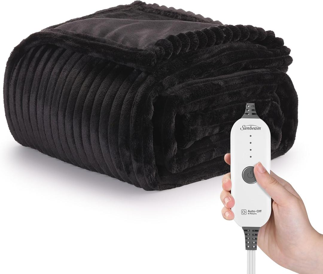 Sunbeam Electric Throw Royal Posh Velvet Heated Blanket,4 Heat Settings, 4-Hour Auto Shut-Off, Fast Heating, Lush, Silky, and Ultra Comfy, Ribbed Ebony Color, 50" x 60"