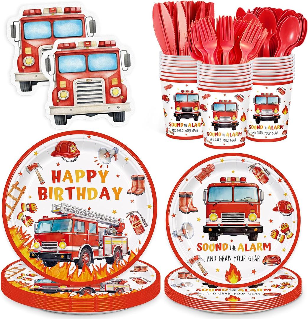 168pcs Firetruck Paper Plates Napkins Fire Truck Party Supplies Disposable Tableware Set for Kids Fireman Themed Birthday Decorations Serve 24 Guests