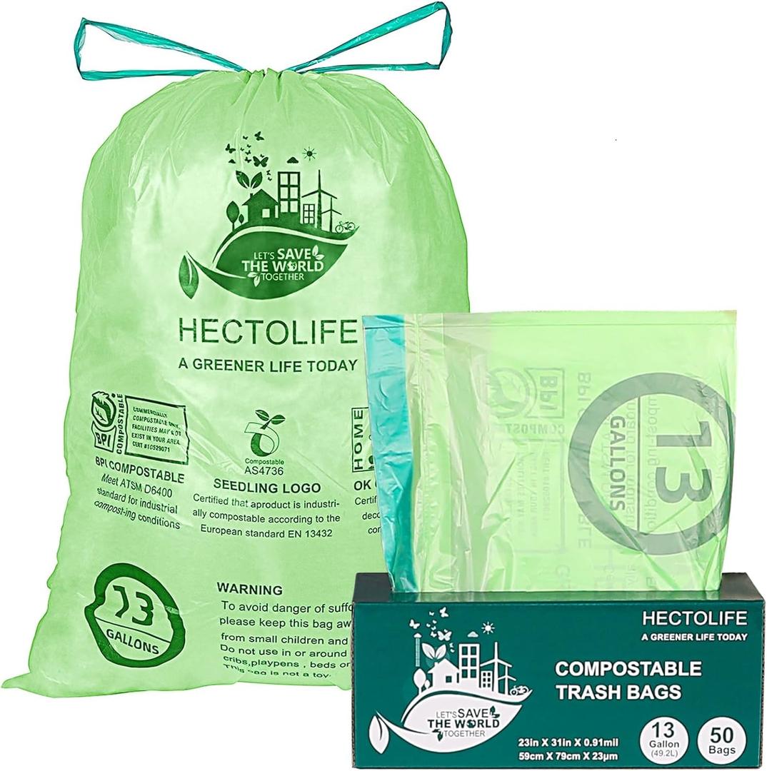 13 Gallon,50 Count, Compostable Trash Bags with Drawstring, Tear Resistant Kitchen Food Scrap Waste Bag, ASTM D6400, US BPI and Europe OK Compost Home Certified