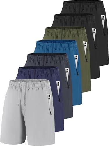 POVWVPY Men Running Athletic Shorts, Quick Dry 7 inch Inseam Gym Workout Men Shorts with Deep Pocket & Zipper, L