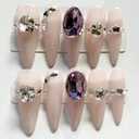 M·Q NAIL,Press on nails, Tips long nails,Hand drawn,Includes 48 jelly glue and 2 cuticle sticks and 2 rubbing strips (Naked colo inlaid with purple glass diamonds, M)